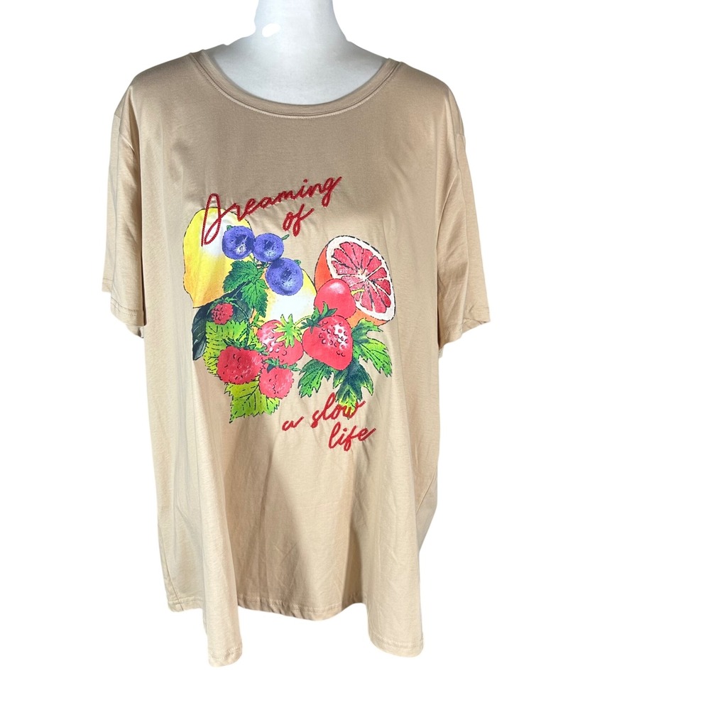 Skies Are Blue T-Shirt NWT Women 3X Tan Fruit Dreaming of a Slow Life Graphic